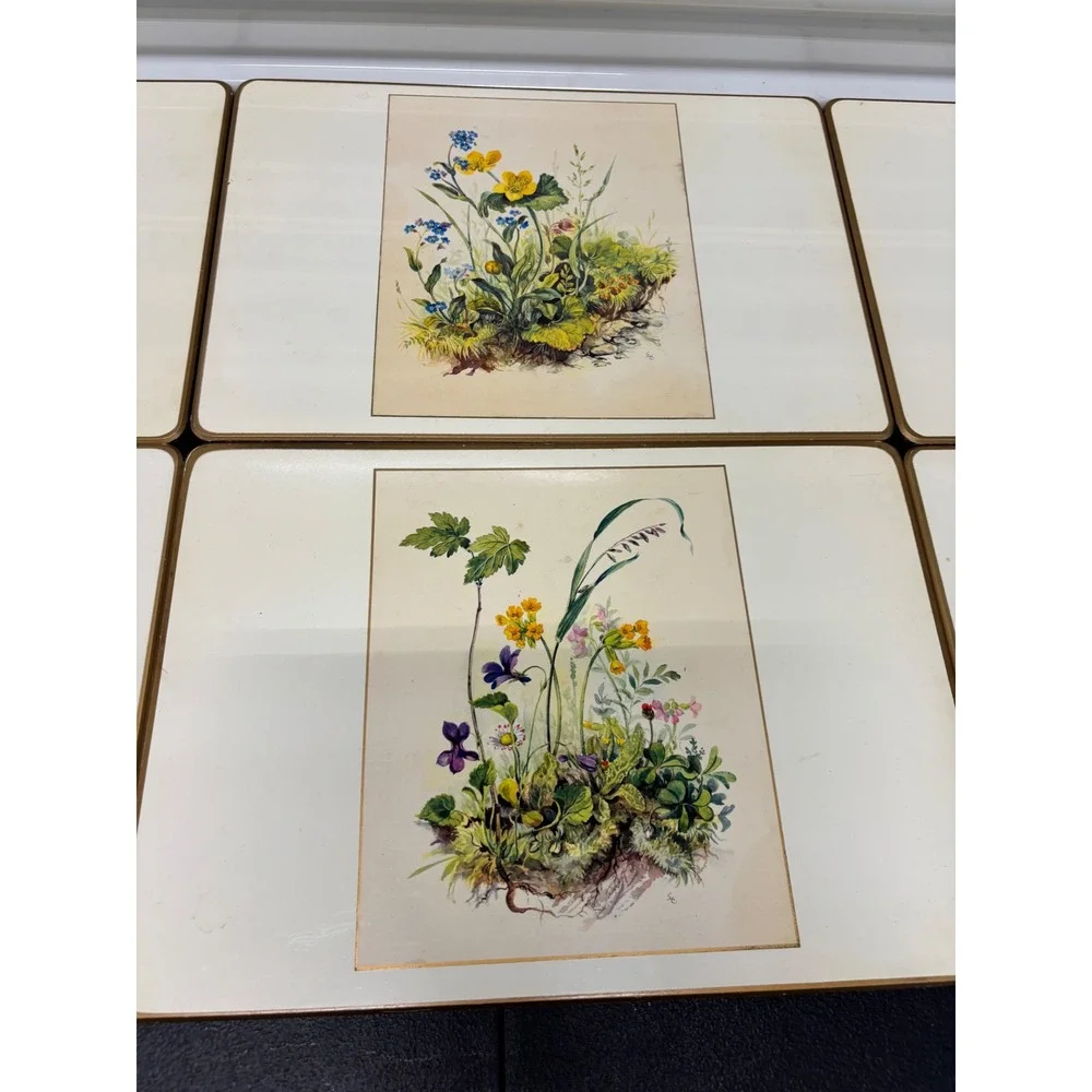 Vintage Made in England Botanical Wildflower Cork Back Placemats Set of 6